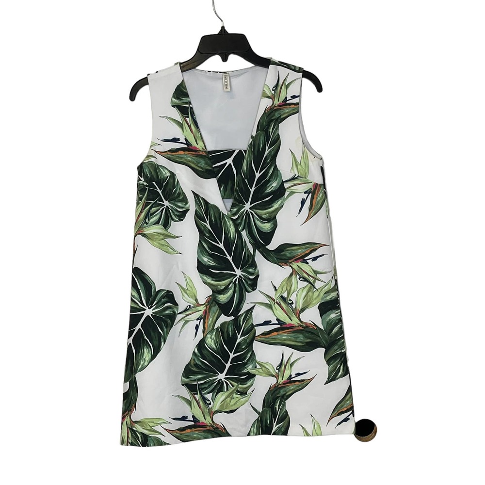 State Of Being Palm Leaf Holiday Mini Shift‎ Dress Cut Out V-Neck Lined Women XS
